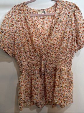Floral Smocked Waist Peplum Top - Pink & Orange